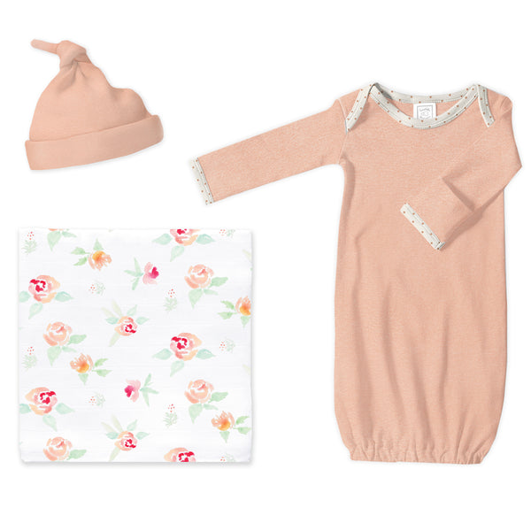 Muslin Swaddle + Pajama Gown + Hat Newborn Gift Set - Heathered Peach Blush & Peachy Pink Watercolor Floral