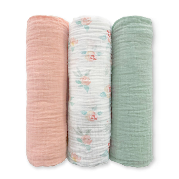 Muslin Swaddle Blankets - Set of 3 - Spring Morning - featuring Peachy Pink Watercolor Floral by artist Lynette Damir