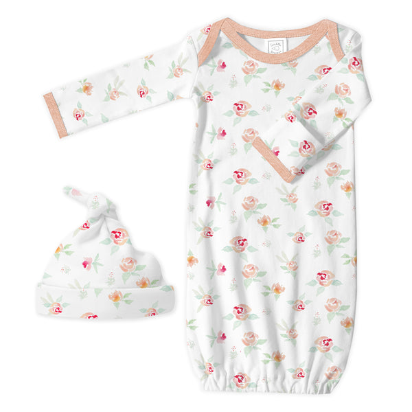 Pajama Gown and Hat Newborn Gift Set - Watercolor Peachy Pink Floral