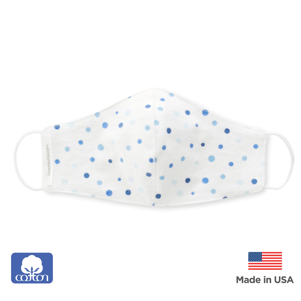 Kids Face Mask, 2-Layer Woven Cotton Flannel, Playful Dots, Blue - Child Size, Made in USA