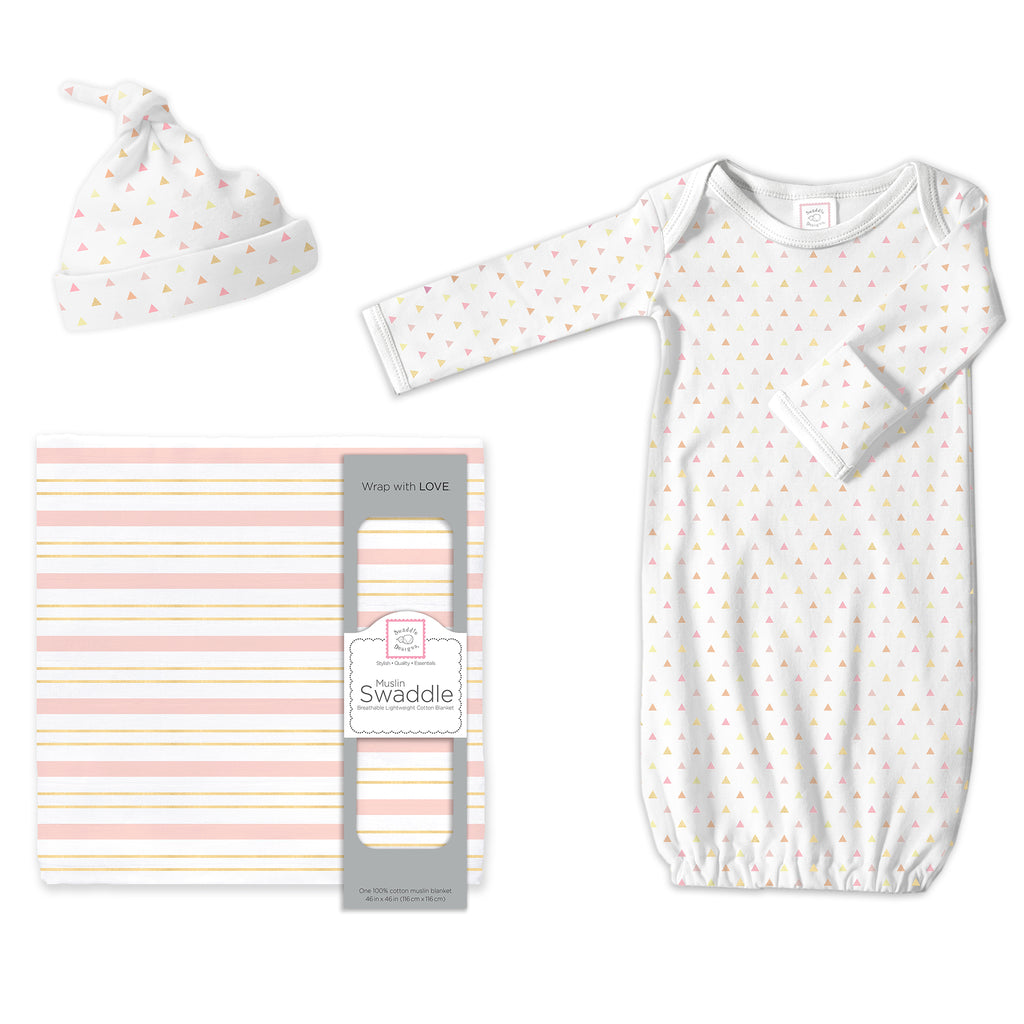 Muslin Swaddle, Pajama Gown and Hat Gift Set - Tiny Triangles, Pinks with a Touch of Gold Shimmer