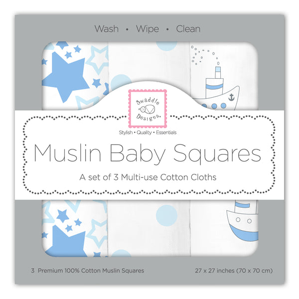 Muslin Squares - Classic Collection (Set of 3) - Blue Little Ships, Dots, Stars
