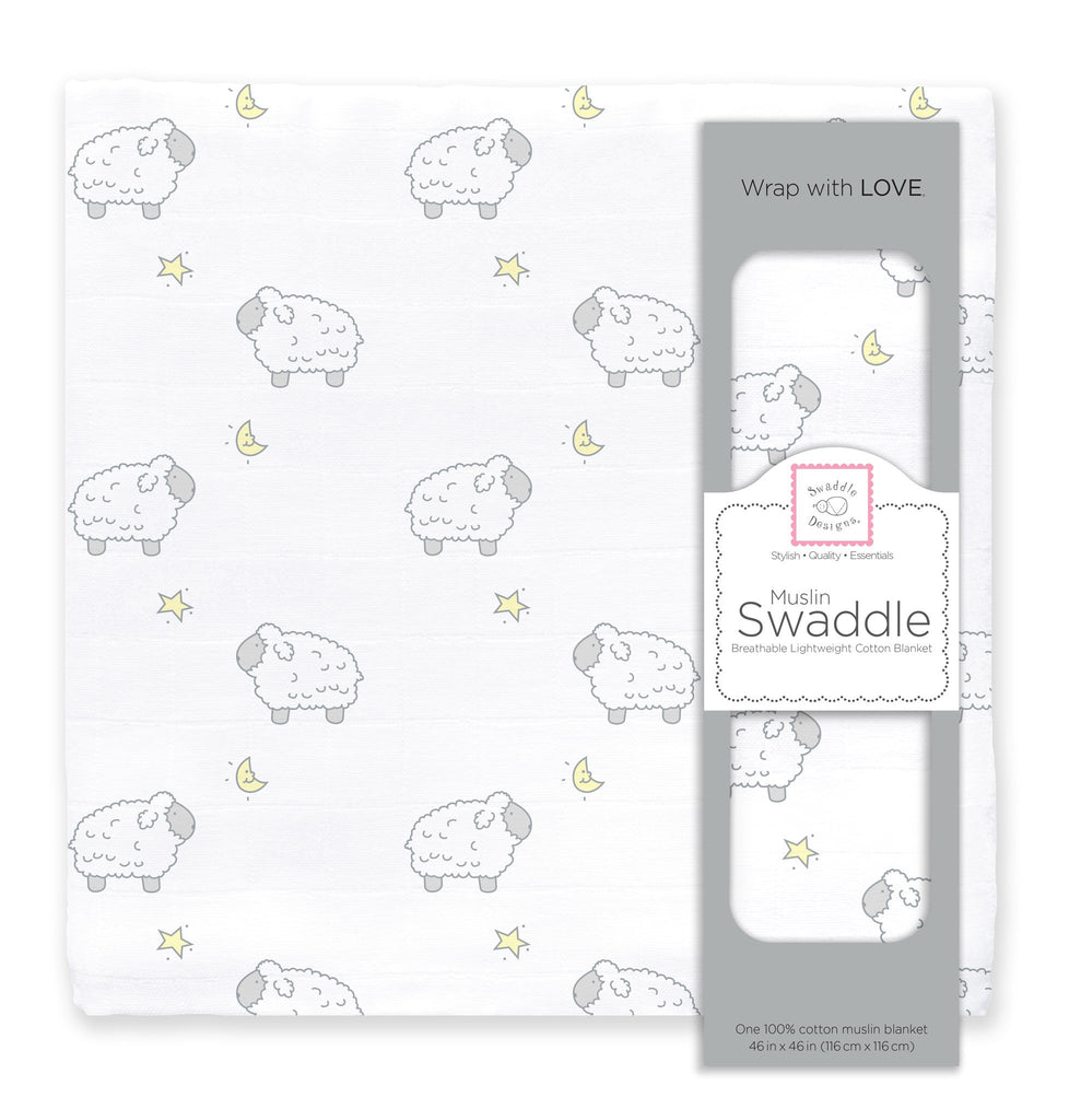 Muslin Swaddle Single - Little Lambs and Stars Sterling