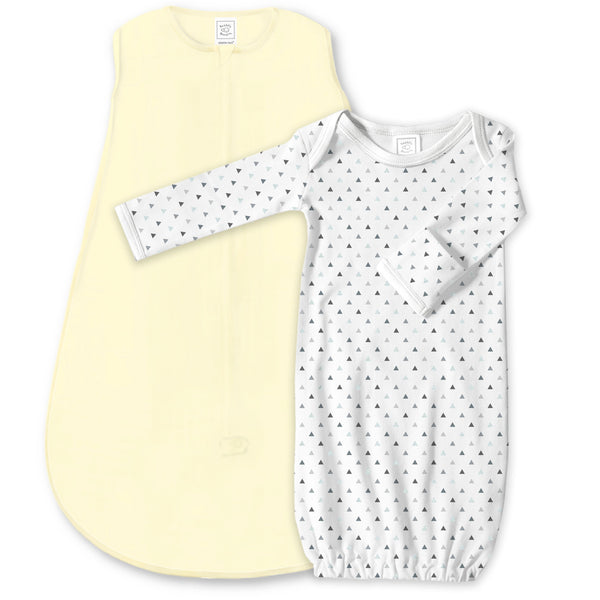Cotton Knit Non-Weighted zzZipMe Sack Set - Pastel Yellow + Tiny Triangles, Grays with Touch of Silver Shimmer Pajama Gown