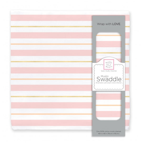 Muslin Swaddle Single - 3 Color Stripe, Pinks with Touch of Gold Shimmer