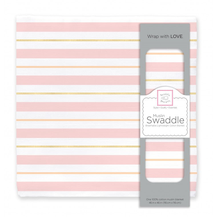 Muslin Swaddle Single - 3 Color Stripe, Pinks with Touch of Gold Shimmer