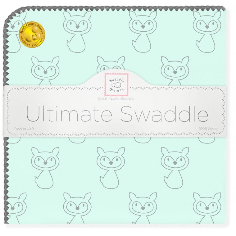 Ultimate Swaddle Blanket - Gray Fox on Pastel SeaCrystal with Dark Gray Trim