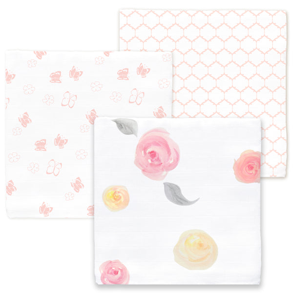 Amazing Baby – Muslin Swaddle Blankets - Watercolor Roses (Set of 3)