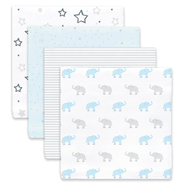 Amazing Baby - Muslin Swaddle Blankets - Starry Night & Elephants (Set of 4)