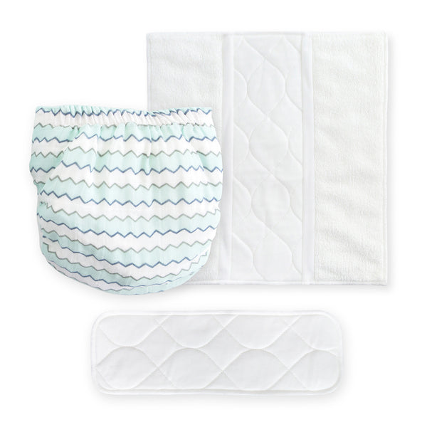 Amazing Baby SmartNappy Cotton Muslin Hybrid Reusable Cloth Diaper Cover + 1 Reusable Tri-Fold Insert + 1 Reusable Booster - Mini Chevron, Pastel Blue, Denim, Gray