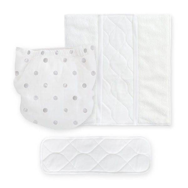 Amazing Baby SmartNappy Cotton Muslin Hybrid Reusable Cloth Diaper Cover + 1 Reusable Tri-Fold Insert + 1 Reusable Booster - Mini Watercolor Dots, Gray