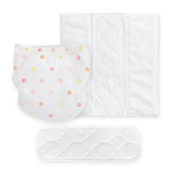 Amazing Baby SmartNappy Cotton Muslin Hybrid Reusable Cloth Diaper Cover + 1 Reusable Tri-Fold Insert + 1 Reusable Booster - Multi Mini Watercolor Dots, Pinks, Peach, Yellow