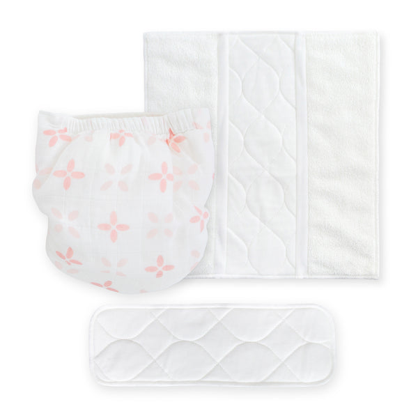 SmartNappy Cotton Muslin NextGen Hybrid Reusable Cloth Diaper Cover + 1 Reusable Tri-Fold Insert + 1 Reusable Booster - Pink Springfield, Pastel Pink & Pink