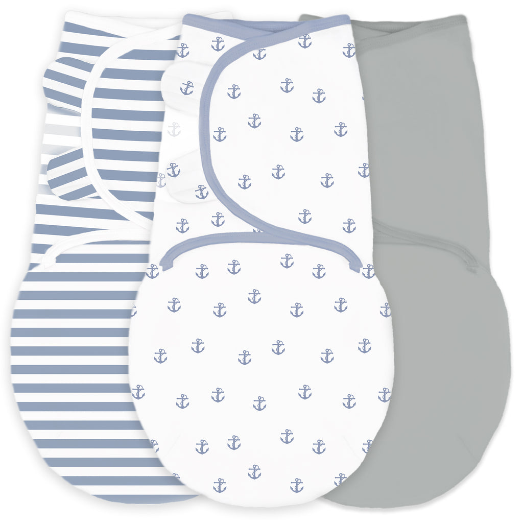 Amazing Baby - Premium Cotton Swaddle Wrap (Set of 3) - Tiny Anchors, Stripes, & Solid