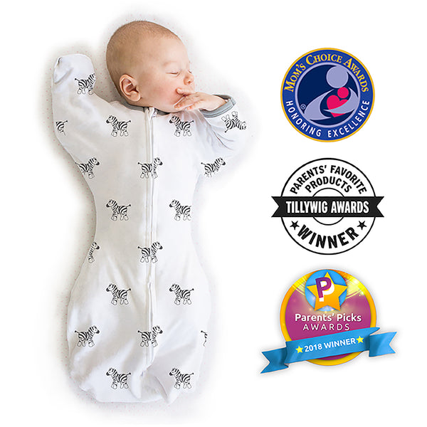 Amazing Baby - Transitional Swaddle Sack  - Arms Up 1/2-Length Sleeves & Mitten Cuffs, Tiny Zebras, Soft Black