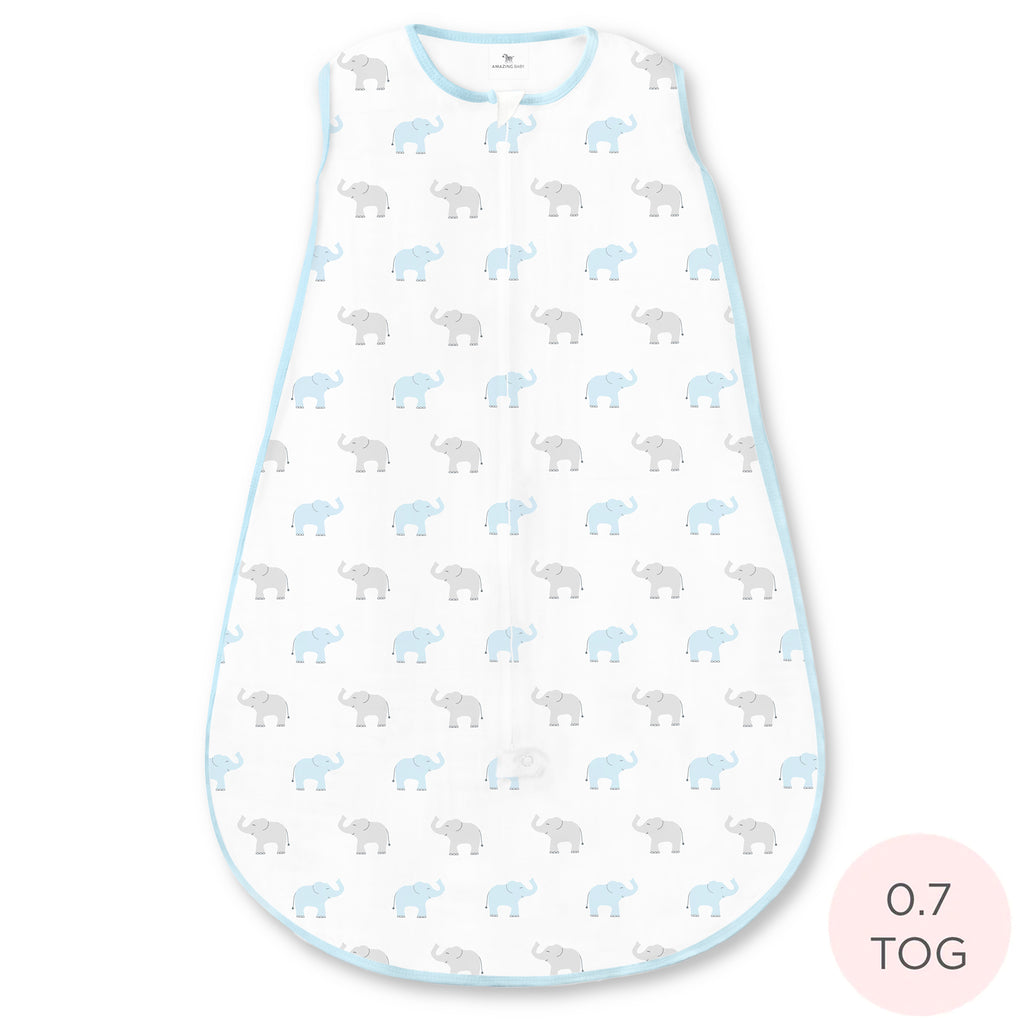 Sister Brand - Amazing Baby - Cotton Knit zzZipMe Sack - Tiny Elephants, Pastel Blue