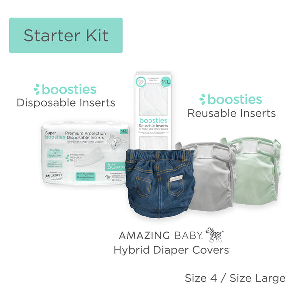 Amazing Baby - Hybrid Diaper Starter Kit - Set of 3 Covers + Reusable Inserts (8 Tri-Fold + 8 Boosters) & 30pk of Boosties Disposable Inserts, Large, 22-40 lbs