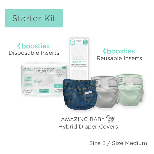 Amazing Baby - Hybrid Diaper Starter Kit - Set of 3 Covers + Reusable Inserts (8 Tri-Fold + 8 Boosters) & 30pk of Boosties Disposable Inserts, Medium, 12-25 lbs