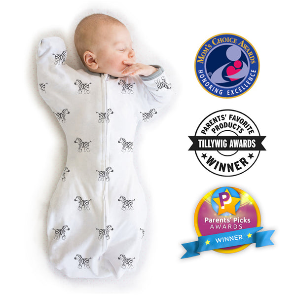Amazing Baby - Transitional Swaddle Sack  - Arms Up 1/2-Length Sleeves & Mitten Cuffs, Little Zebra, Soft Black