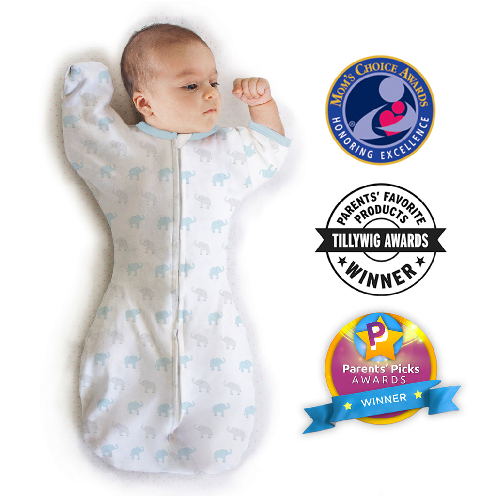 Amazing Baby - Transitional Swaddle Sack  - Arms Up 1/2-Length Sleeves & Mitten Cuffs, Tiny Elephants, Blue