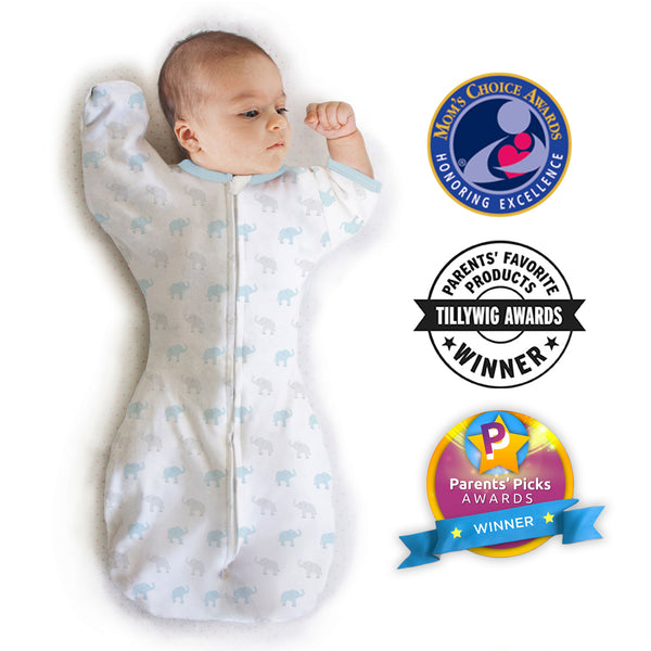 Amazing Baby - Transitional Swaddle Sack  - Arms Up 1/2-Length Sleeves & Mitten Cuffs, Tiny Elephants, Blue