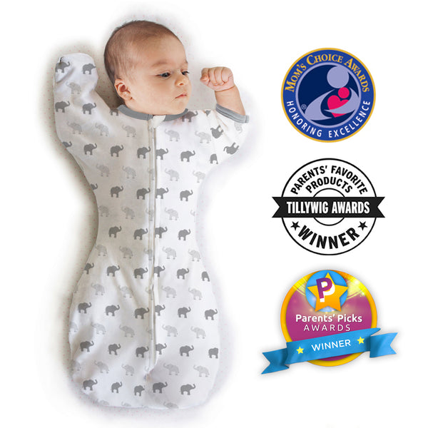 Amazing Baby - Transitional Swaddle Sack  - Arms Up 1/2-Length Sleeves & Mitten Cuffs, Tiny Elephants, Sterling
