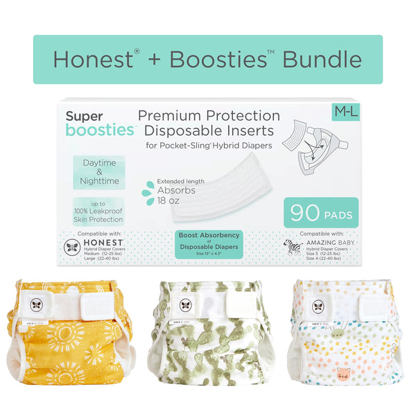 'Honest® + Boosties - Hybrid Diaper Bundle - Set of 3 Covers & 90pk of Boosties Disposable Inserts, MEDIUM, 12-25 lbs' - Customized