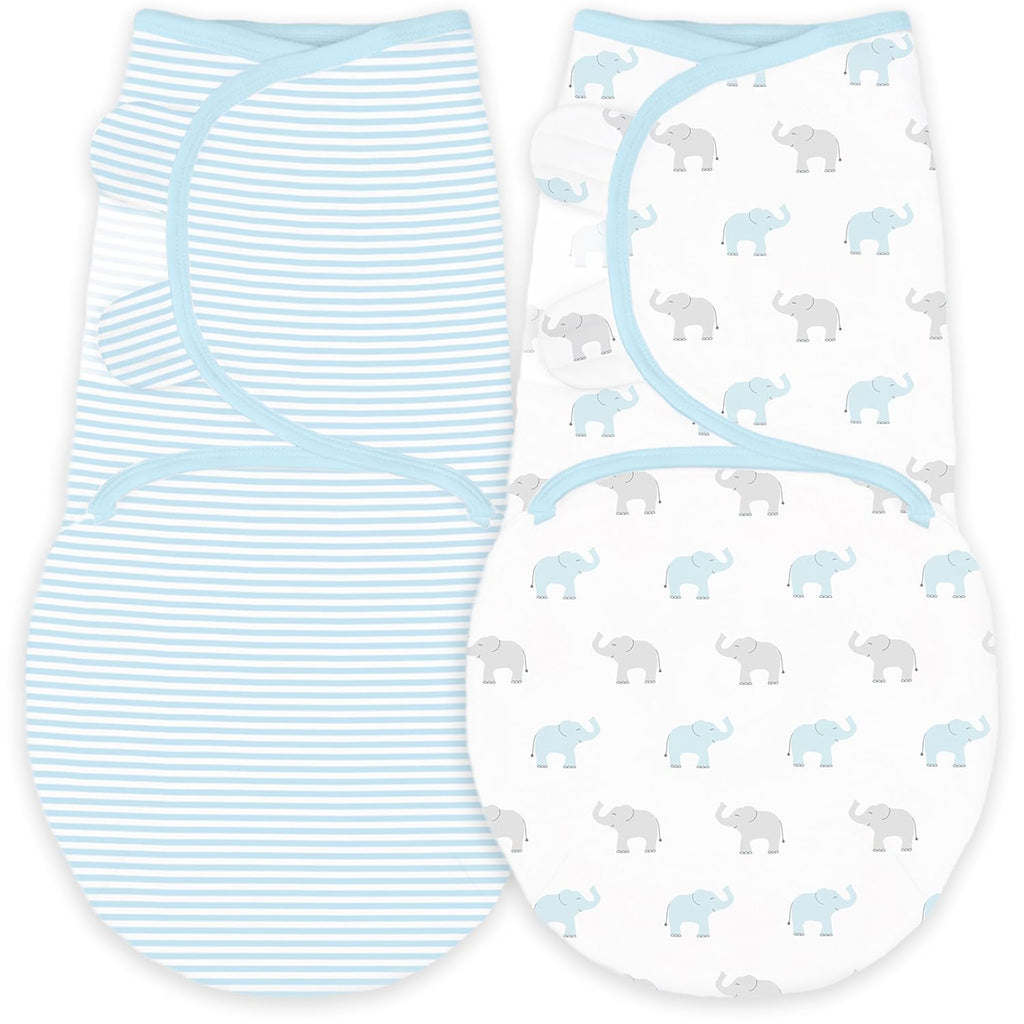 Amazing Baby - Premium Cotton Swaddle Wrap (Set of 3) - Tiny Elephants & Stripes, Pastel Blue