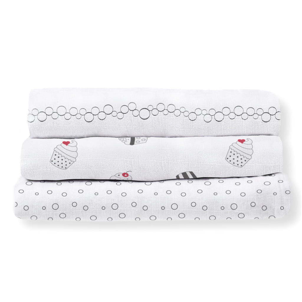 SwaddleLite - Celebrate!  White and Soft Black, Cupcakes