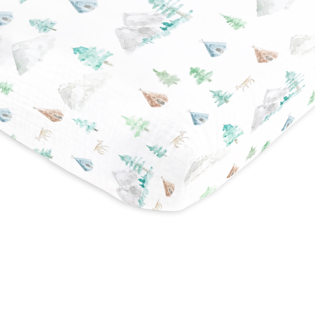 Muslin Fitted Crib Sheet Watercolor Mountains Trees