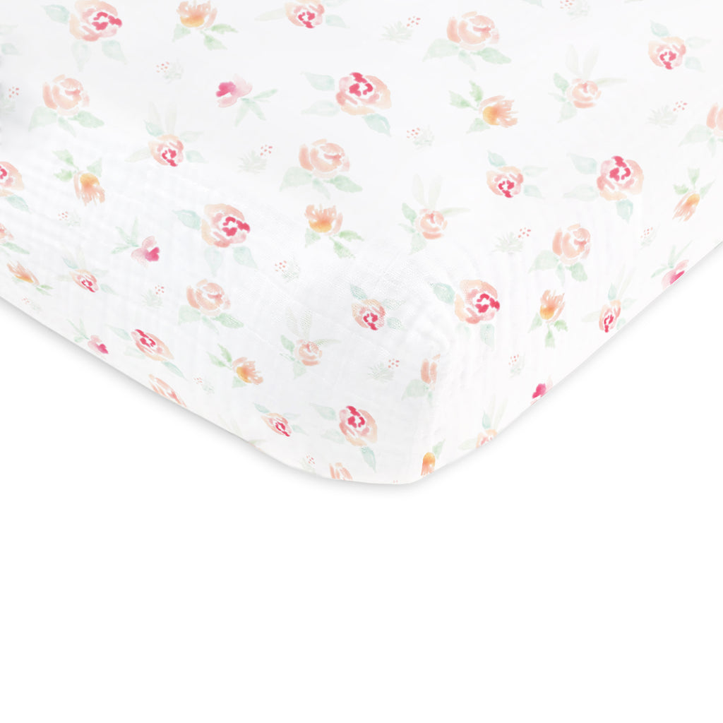 Muslin Fitted Crib Sheet - Watercolor Peachy Pink Floral