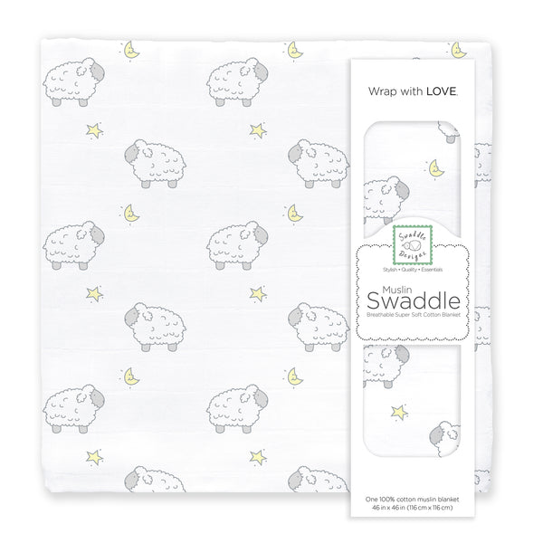 Muslin Swaddle Single - Little Lambs, Moons & Stars, Sterling & Pale Banana