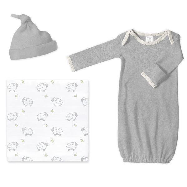 Muslin Swaddle + Pajama Gown + Hat Newborn Gift Set - Little Lambs & Heathered Gray