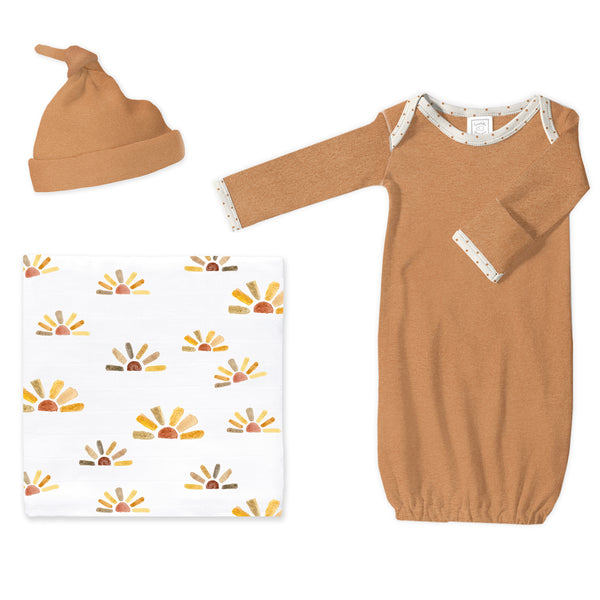 Muslin Swaddle + Pajama Gown + Hat Newborn Gift Set - Heathered Butterum & Watercolor Sunny Days