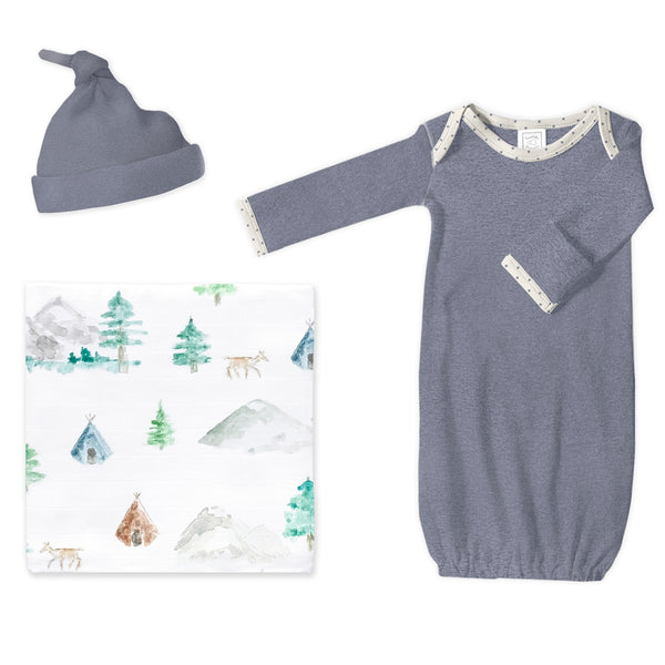 Muslin Swaddle + Pajama Gown + Hat Newborn Gift Set - Heathered Denim & Watercolor Mountains and Trees