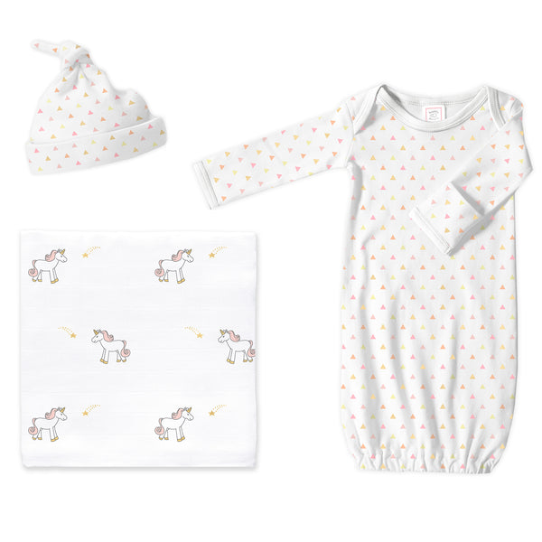 Muslin Swaddle, Pajama Gown and Hat Gift Set - Pink Tiny Triangles and Unicorns