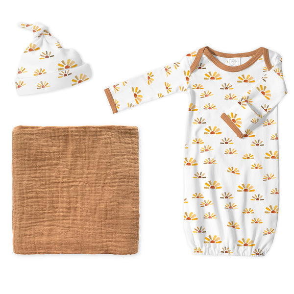 Muslin Swaddle + Pajama Gown + Hat Newborn Gift Set - Butterum & Watercolor Sunny Days