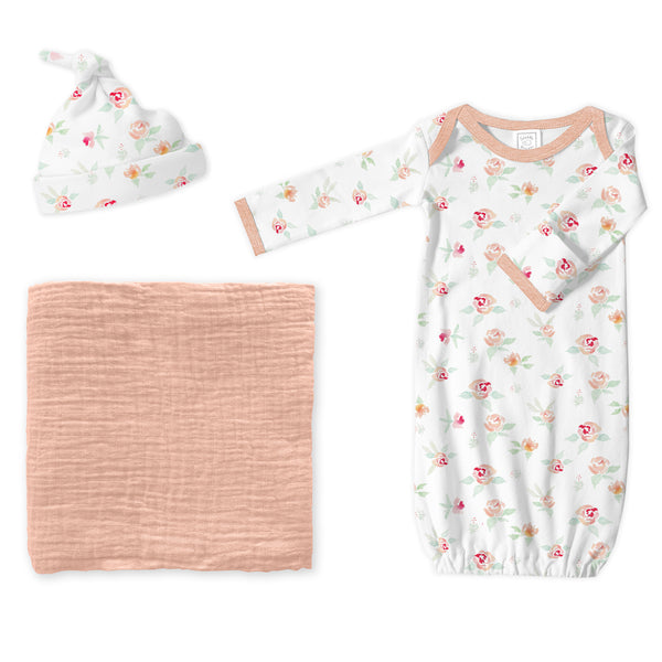 Muslin Swaddle + Pajama Gown + Hat Newborn Gift Set - Peach Blush & Watercolor Peachy Pink Floral