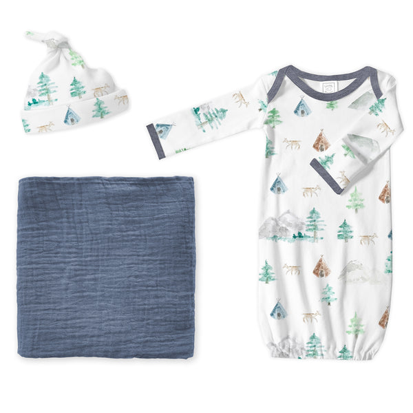 Muslin Swaddle + Pajama Gown + Hat Newborn Gift Set - Denim & Watercolor Mountains & Trees