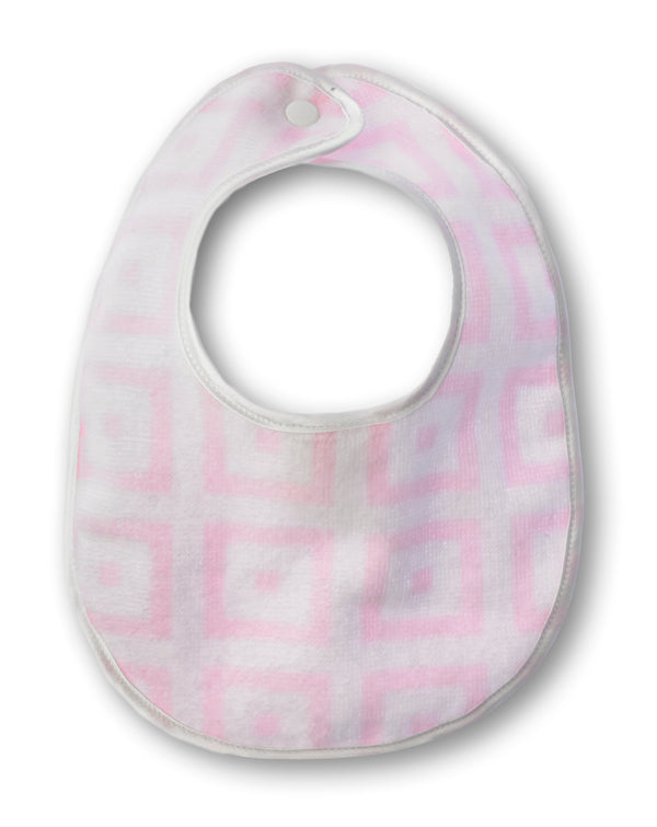 Bitty Bib - Pastel Pink Mod Squares on Softest Pink with Ivory Trim