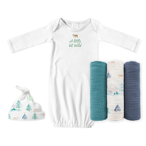 Muslin Swaddle 3pk + Pajama Gown + Hat Newborn Gift Set - A Little Bit Wild