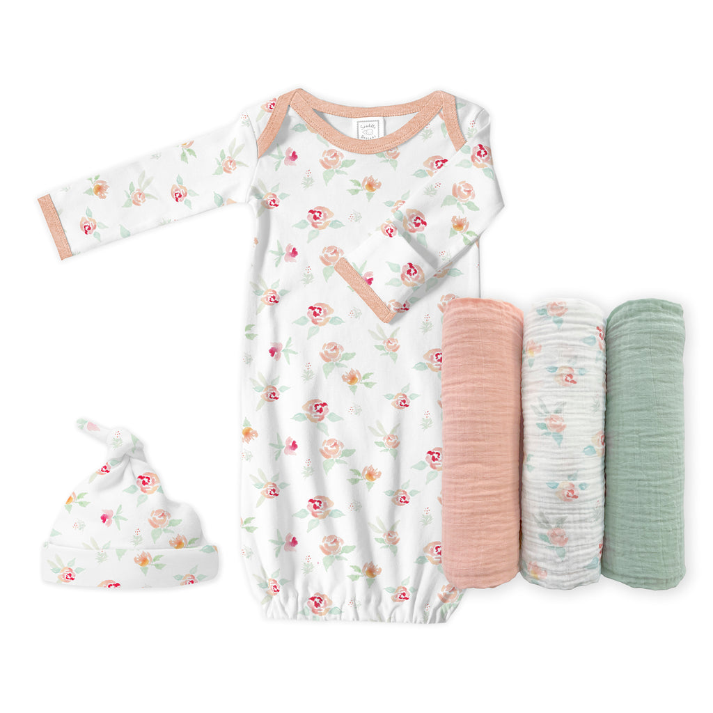 Muslin Swaddle 3pk + Pajama Gown + Hat Newborn Gift Set - Watercolor Peachy Pink Floral