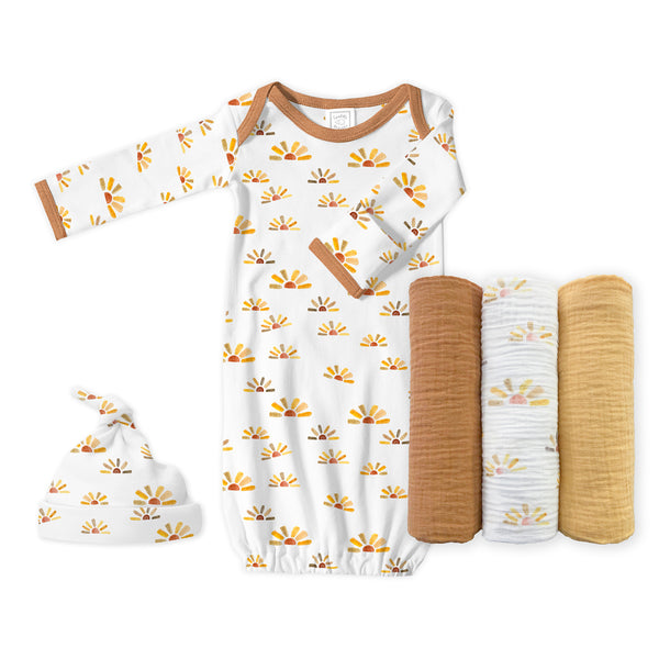 Muslin Swaddle 3pk + Pajama Gown + Hat Newborn Gift Set - Watercolor Sunny Days