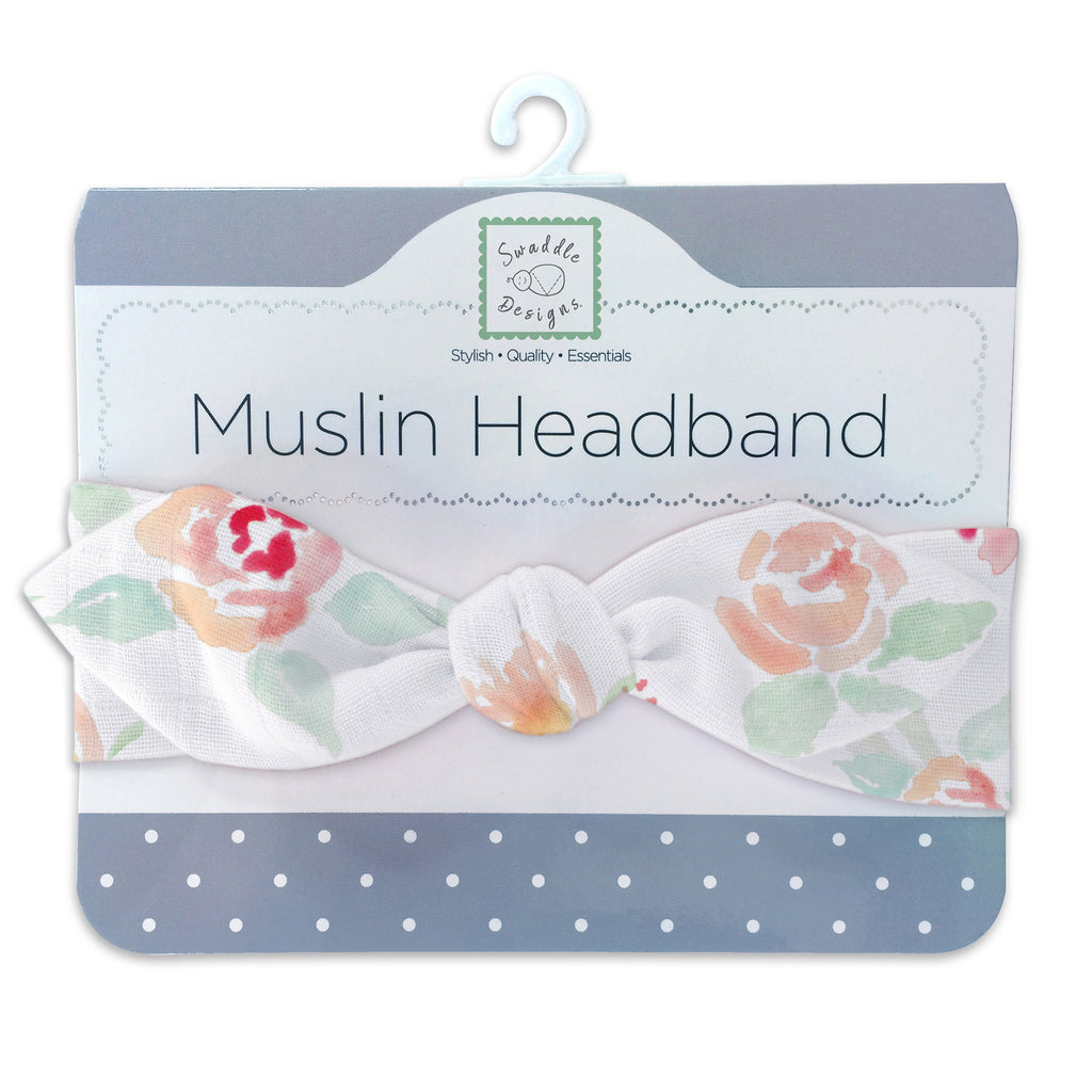 Muslin Headband - Watercolor Peachy Pink Floral