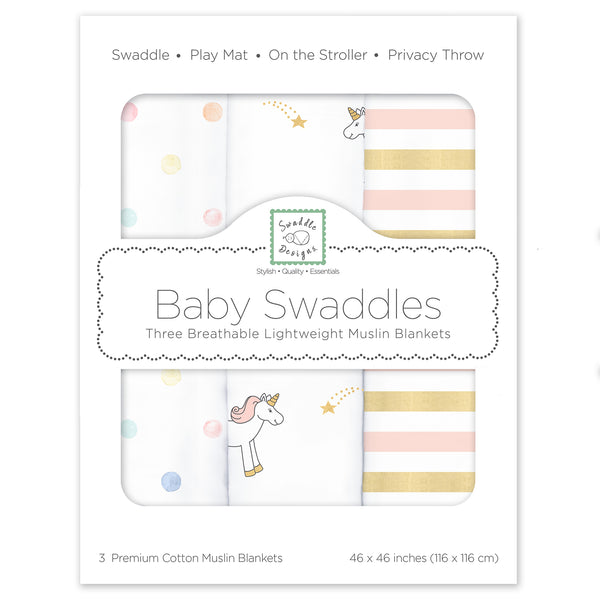 Muslin Swaddle Blankets - Unicorn Party (Set of 3)