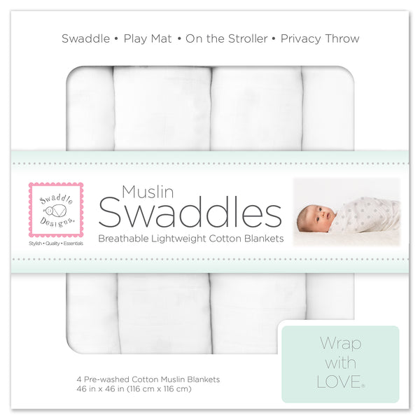 Muslin Swaddle Blankets - Pure White Muslin (Set of 4), White