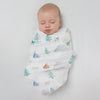 Muslin Swaddle + Pajama Gown + Hat Newborn Gift Set - Heathered Denim & Watercolor Mountains and Trees
