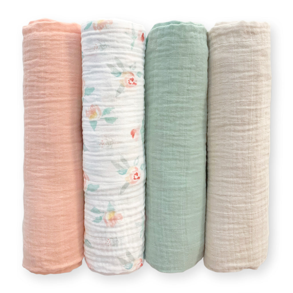Muslin Swaddle Blankets - Earthtone 4-Pack, Sweet Rose Garden