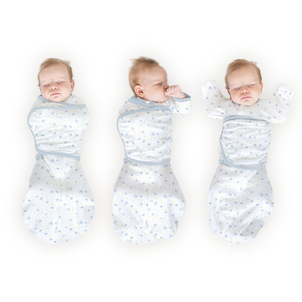 Organic Omni Swaddle Sack with Wrap - Most Versatile Swaddle - Arms Up Sleeves & Mitten Cuffs, Watercolor Twinkle - Soft Blue