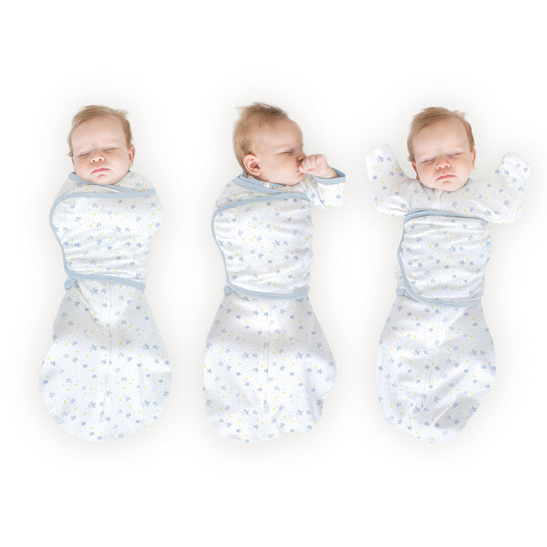 Organic Omni Swaddle Sack with Wrap - Most Versatile Swaddle - Arms Up Sleeves & Mitten Cuffs, Watercolor Twinkle - Soft Blue